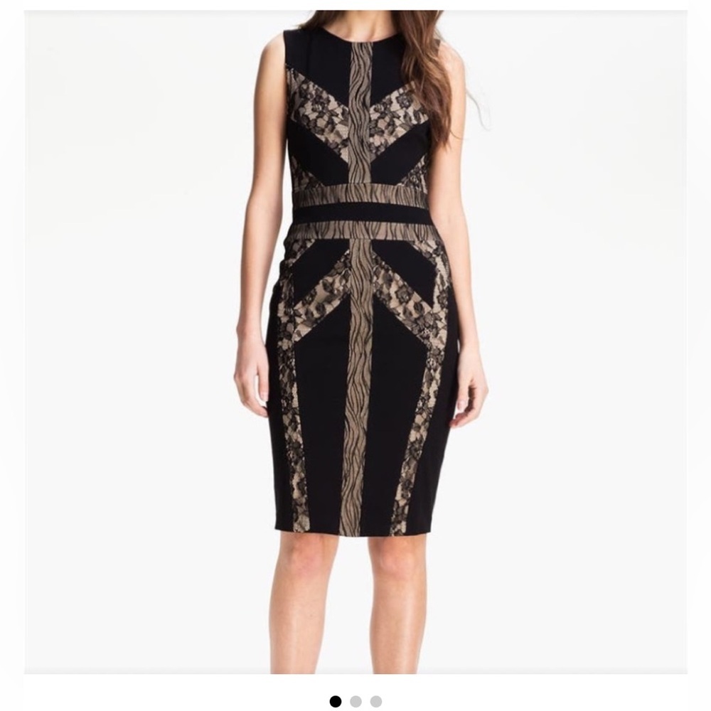 NWT! BCBG MAX AZRIA Womens Black Knit‎ Lace Trim Sleeveless Bodycon Dress, S